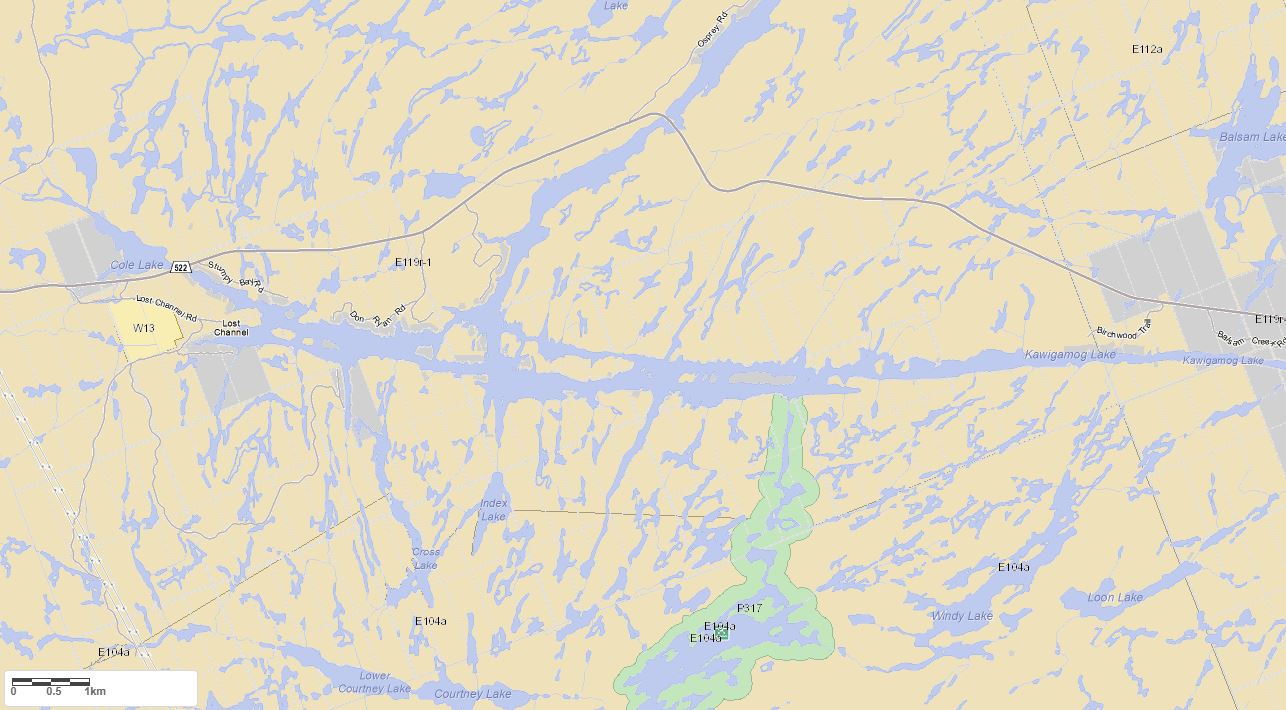 Crown Land Map of Kawigamog Lake in Municipality of Unincorporated and the District of Parry Sound